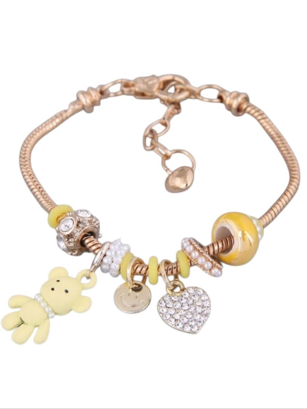 Heart and Teddy Bear Charm Bracelet Yellow Zircon Heart Charm